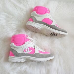 CHANEL Pink White Gray High-Top Sneakers